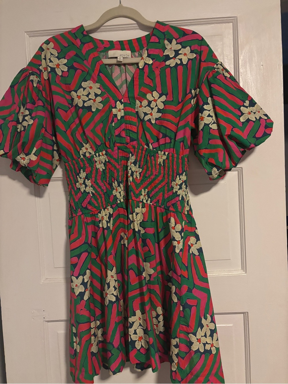 Pinch Green and Pink Floral Smocked Waist Mini Dress